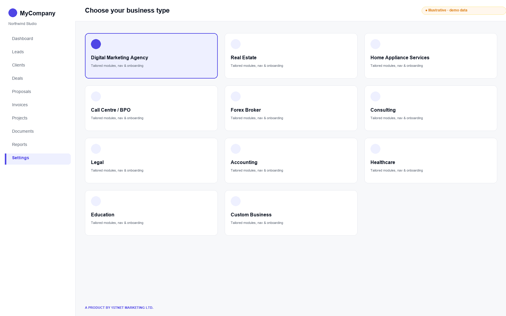 Business template selector — shaped for your industry