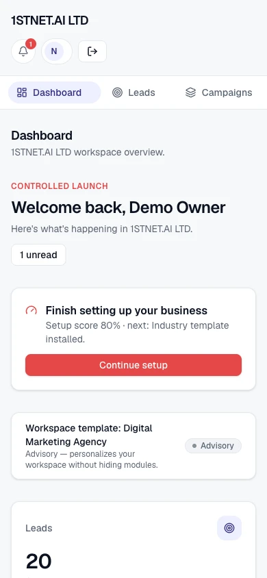 MyCompany.LTD dashboard on a mobile screen showing the setup card, workspace template notice and lead KPI in the demo workspace