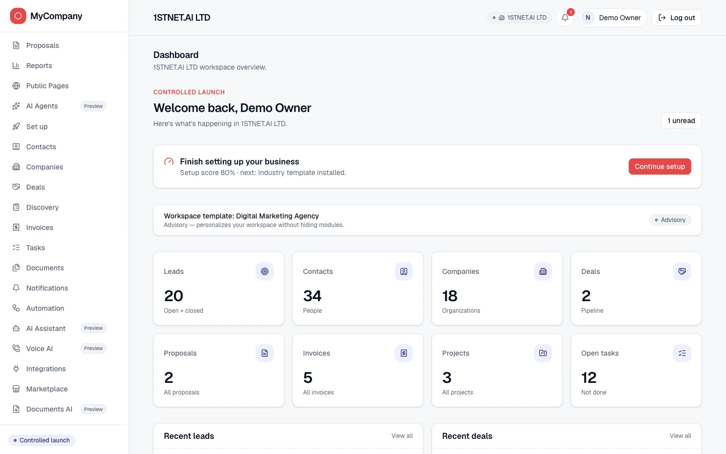 MyCompany.LTD dashboard showing workspace KPI cards for leads, contacts, companies, deals, proposals, invoices, projects and open tasks in the 1STNET.AI LTD demo workspace