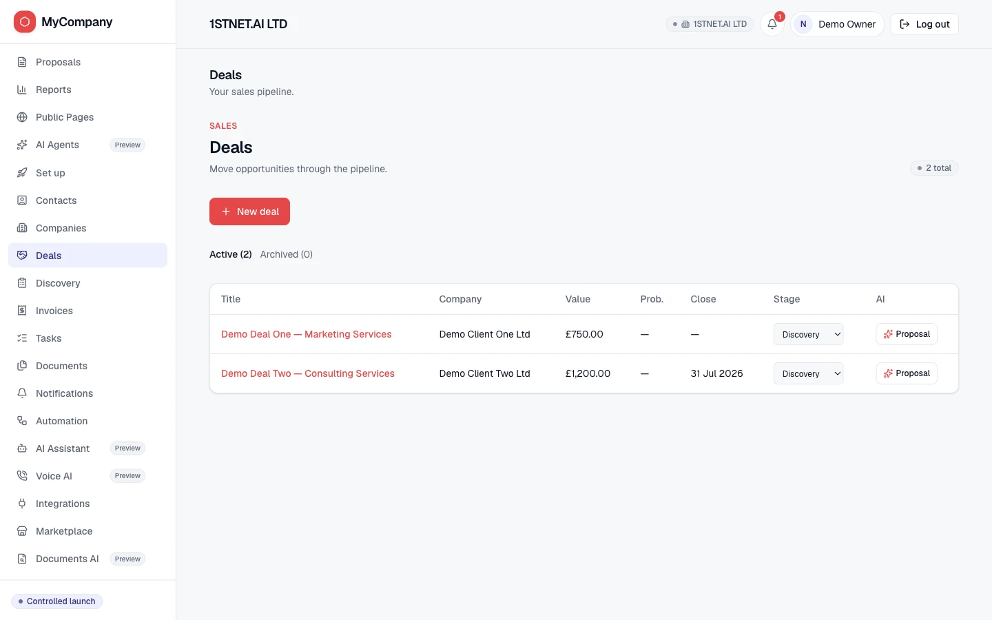 MyCompany.LTD Deals screen listing demo opportunities with company, value, close date and pipeline stage controls