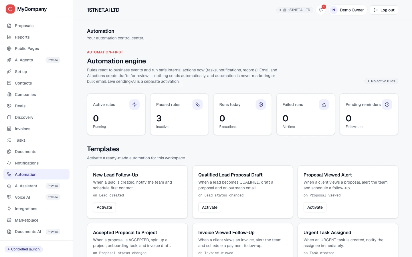 MyCompany.LTD automation engine showing rule counters and ready-made automation templates that can be activated
