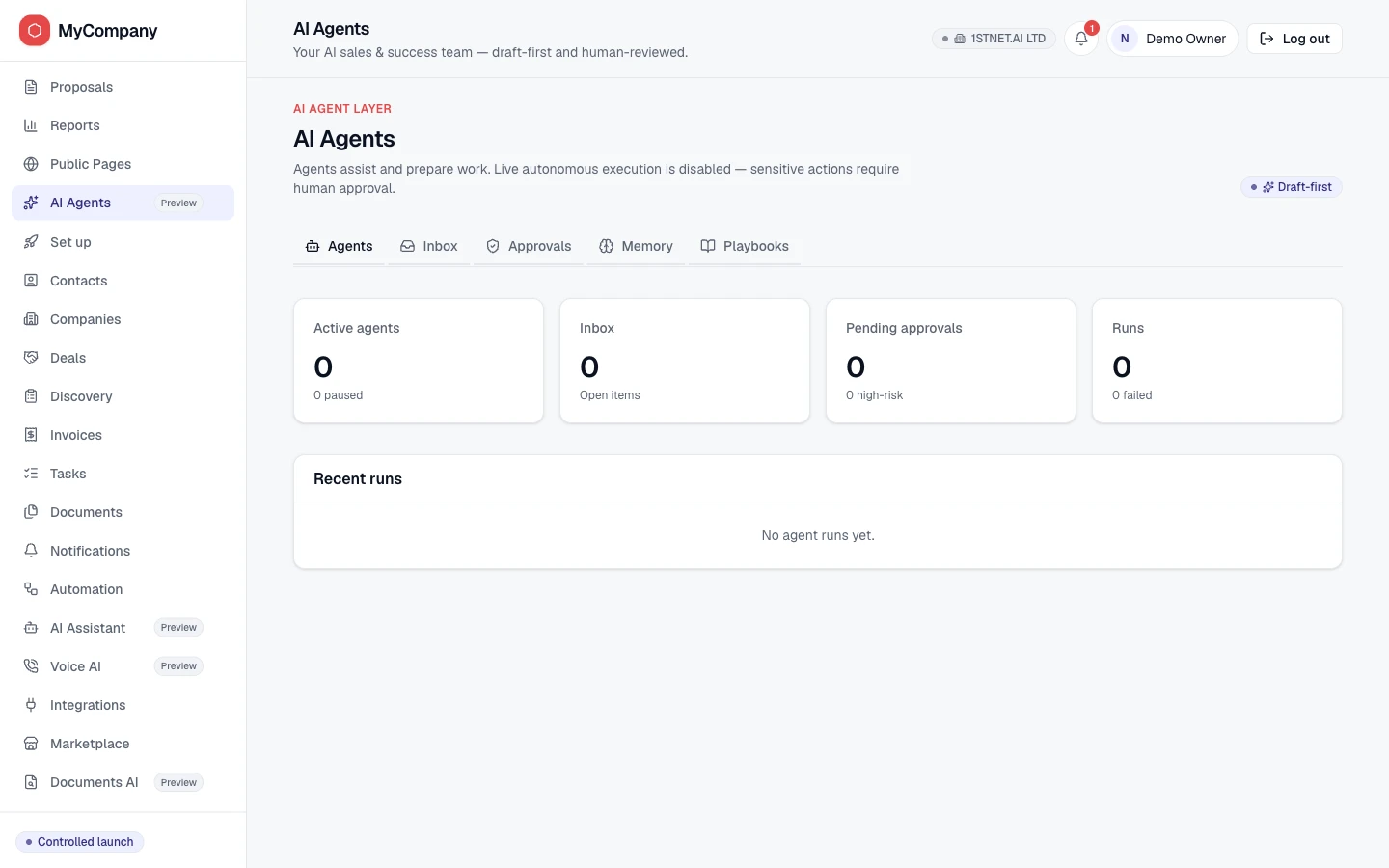 MyCompany.LTD AI Agents screen with a draft-first badge, a notice that live autonomous execution is disabled, and agent, inbox, approval and run counters