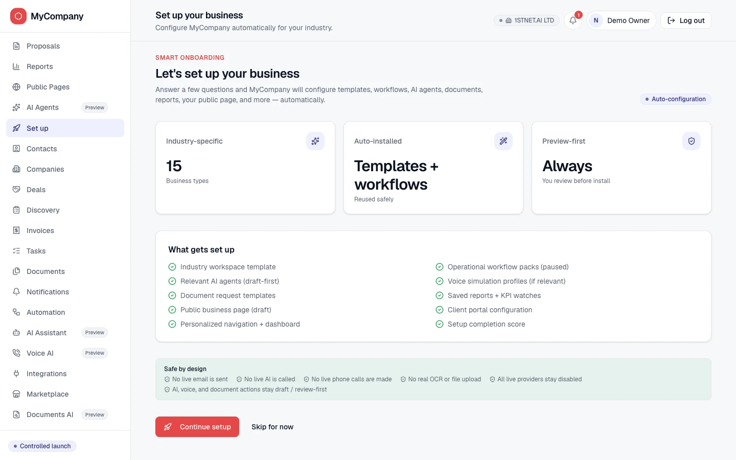 MyCompany.LTD smart onboarding screen listing business types, what gets set up, and safe-by-design notices confirming no live email, AI, calls or OCR