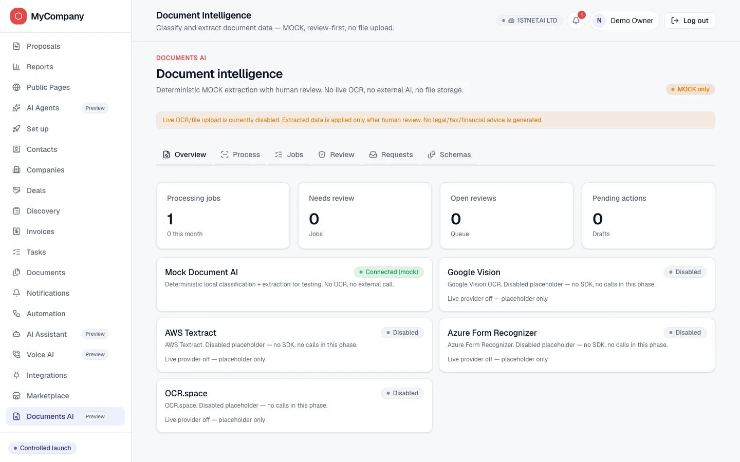 MyCompany.LTD document intelligence screen with a MOCK only badge, a notice that live OCR and file upload are disabled, and four disabled OCR provider placeholders