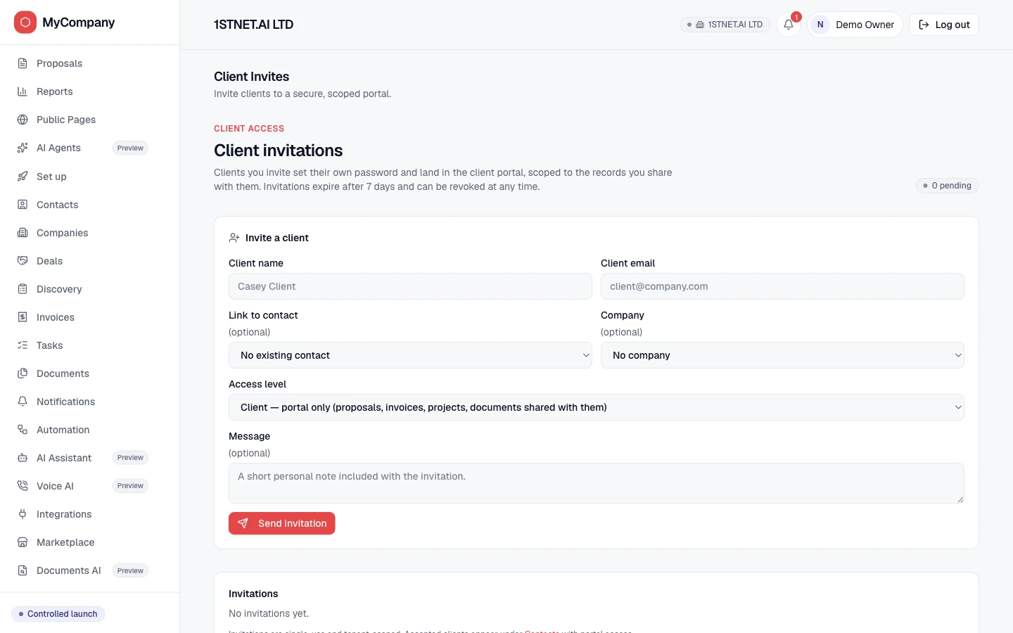 MyCompany.LTD admin screen for inviting a client, choosing a portal-only access level and reviewing pending invitations
