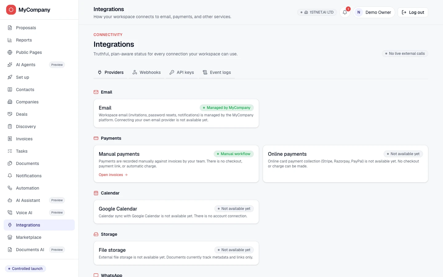 MyCompany.LTD integrations screen showing managed email, manual payment workflow, and not-available-yet statuses for online payments, calendar and file storage