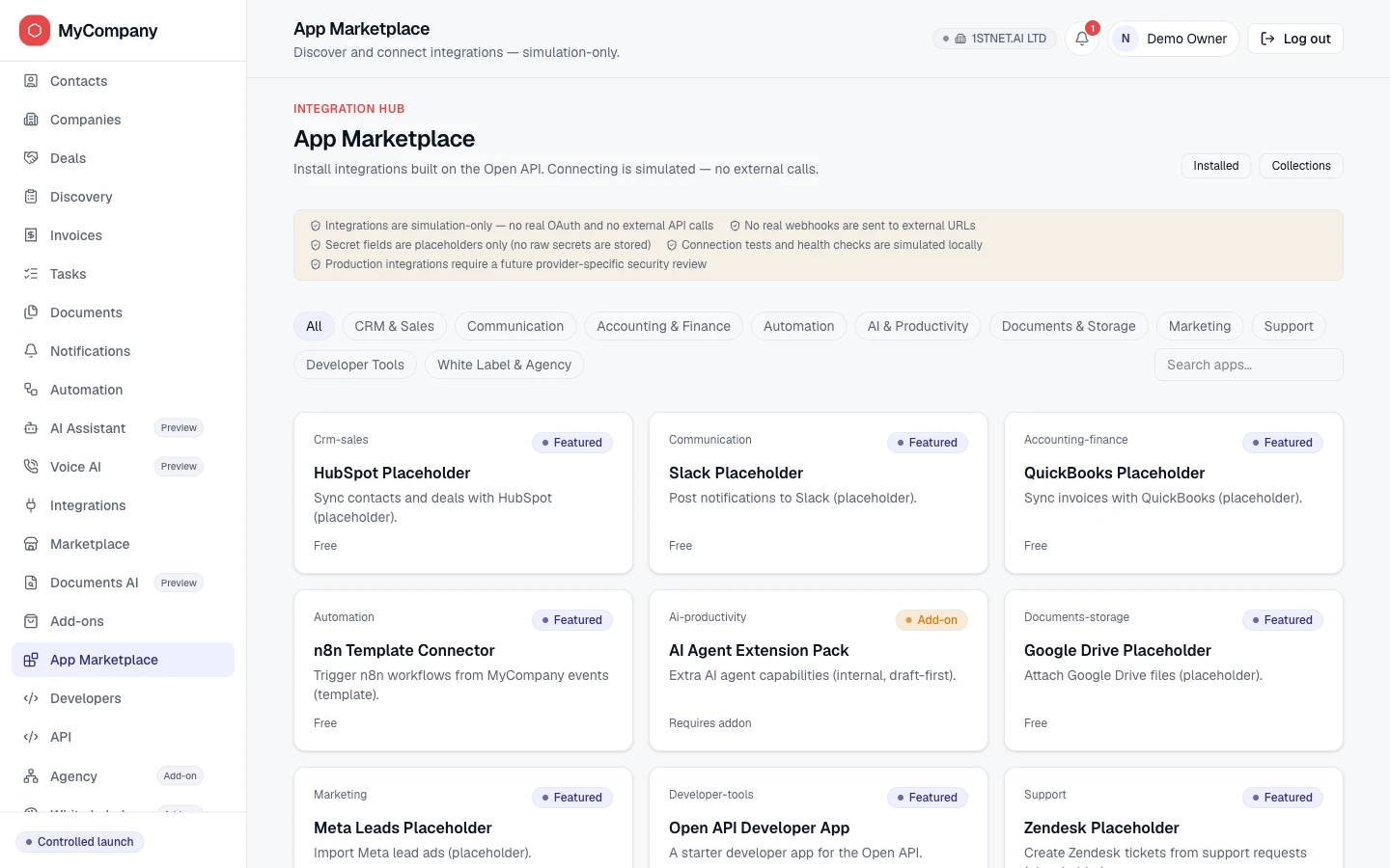 MyCompany.LTD App Marketplace showing simulation-only notices, category filters and connector template cards labelled featured, free or add-on